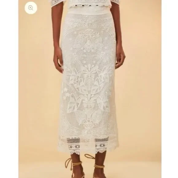 Farm Rio White Guipure Crochet Lace Midi Skirt, Coastal Bridal Boho Beachy Large - Picture 1 of 16
